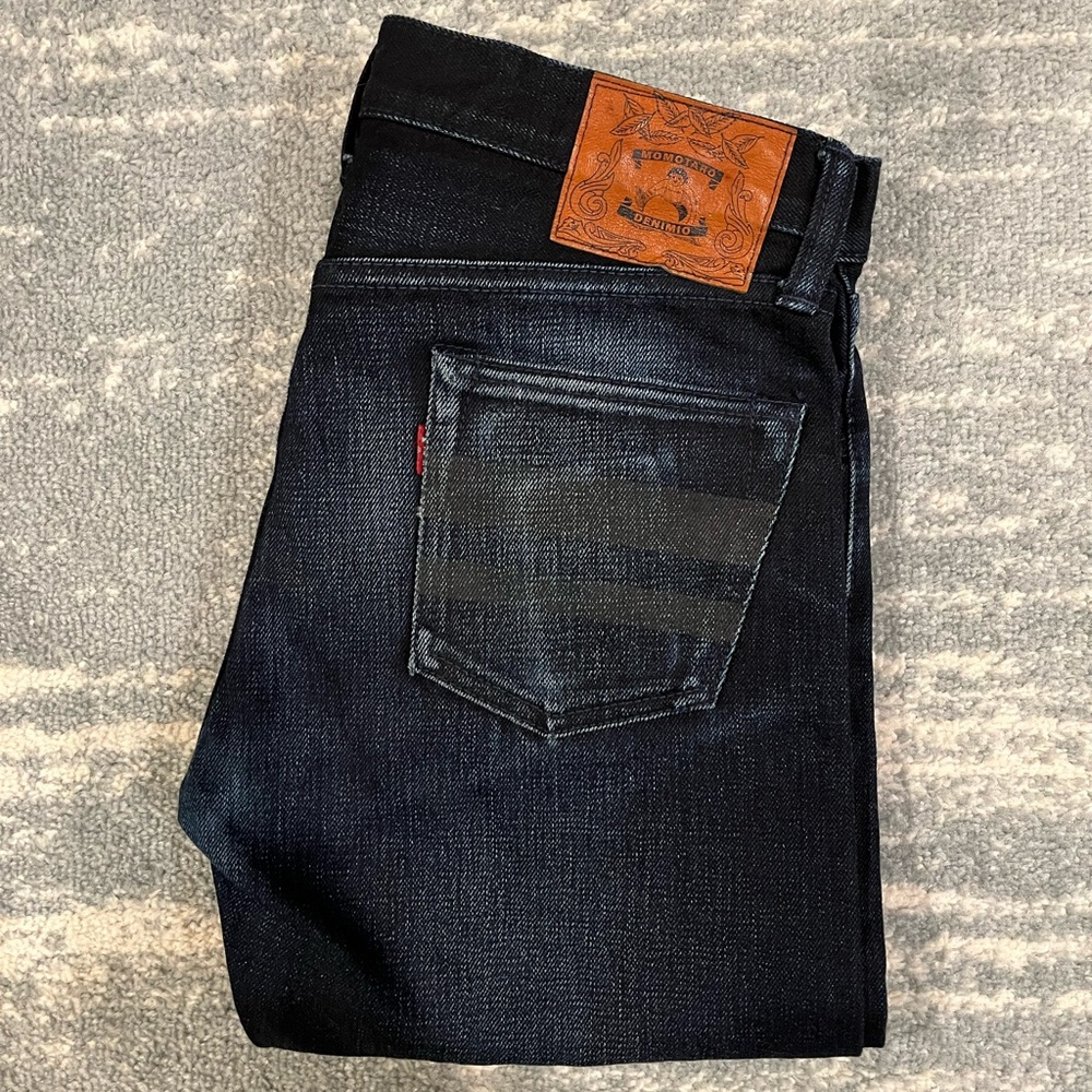 MOMOTARO DENIMIO MENS JAPANESE SELVEDGE SLIM JEANS NAVY BLUE POCKETS SIZE 31